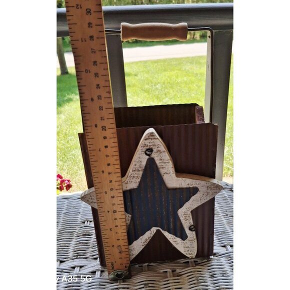 Rustic Metal & Wood Star-Themed Rectangular Bucket With Handle Artsy America - Picture 4 of 7